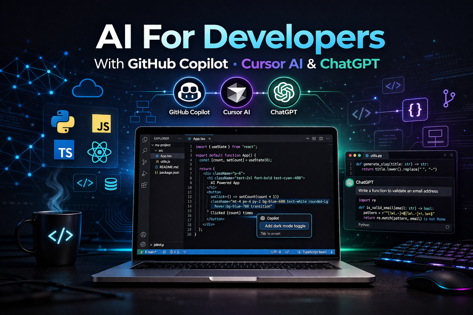 Cover image for AI For Developers With GitHub Copilot, Cursor AI & ChatGPT